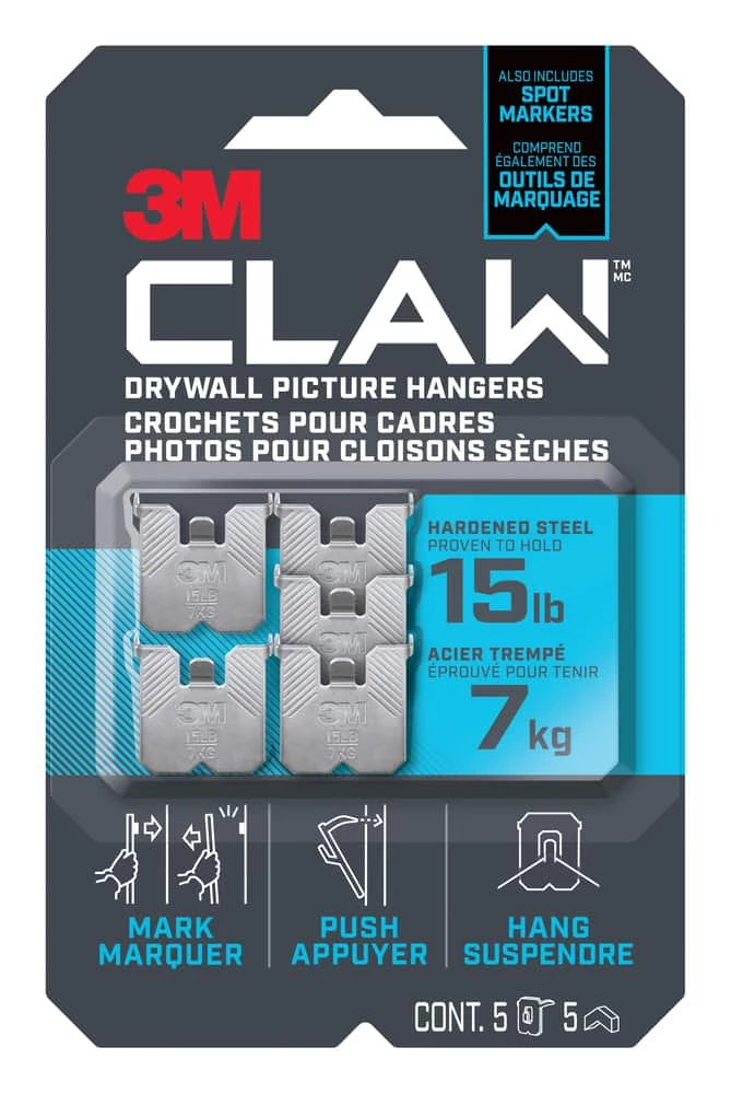 3M Claw Drywall Picture Hanger, 15-lb, 5-pk