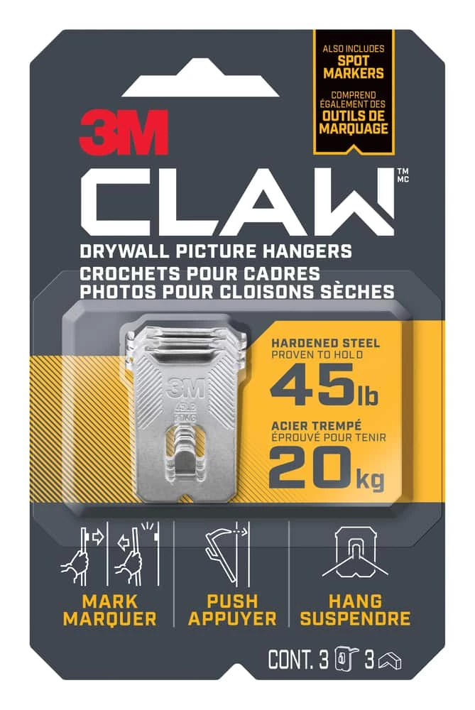 3M Claw Drywall Picture Hanger, 45-lb, 3-pk