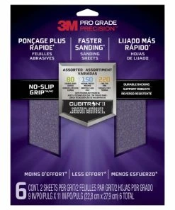 3M Pro Grade Precision Assorted Grit No-Slip Grip Aluminum Oxide Faster Sanding Sandpaper Sheets, 6-pc