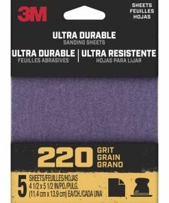 3M 4-1/2 X 5-1/2-in Ultra Durable Aluminum Oxide 1/4 Sheet Sandpaper Sheets For Wood, Metal, Plastic, Masonry, 5-pk