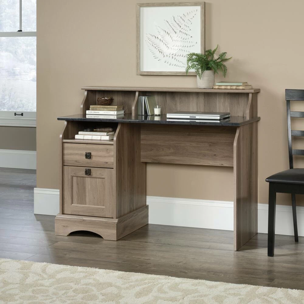 Sauder Graham Hill 2-Drawer Home Office Computer Desk With Hutch, Salt Oak Finish - Image 2