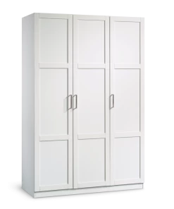 Sauder 3-Door Wardrobe/Armoire Clothes Storage Cabinet With Hanger Rod & Shelves, White