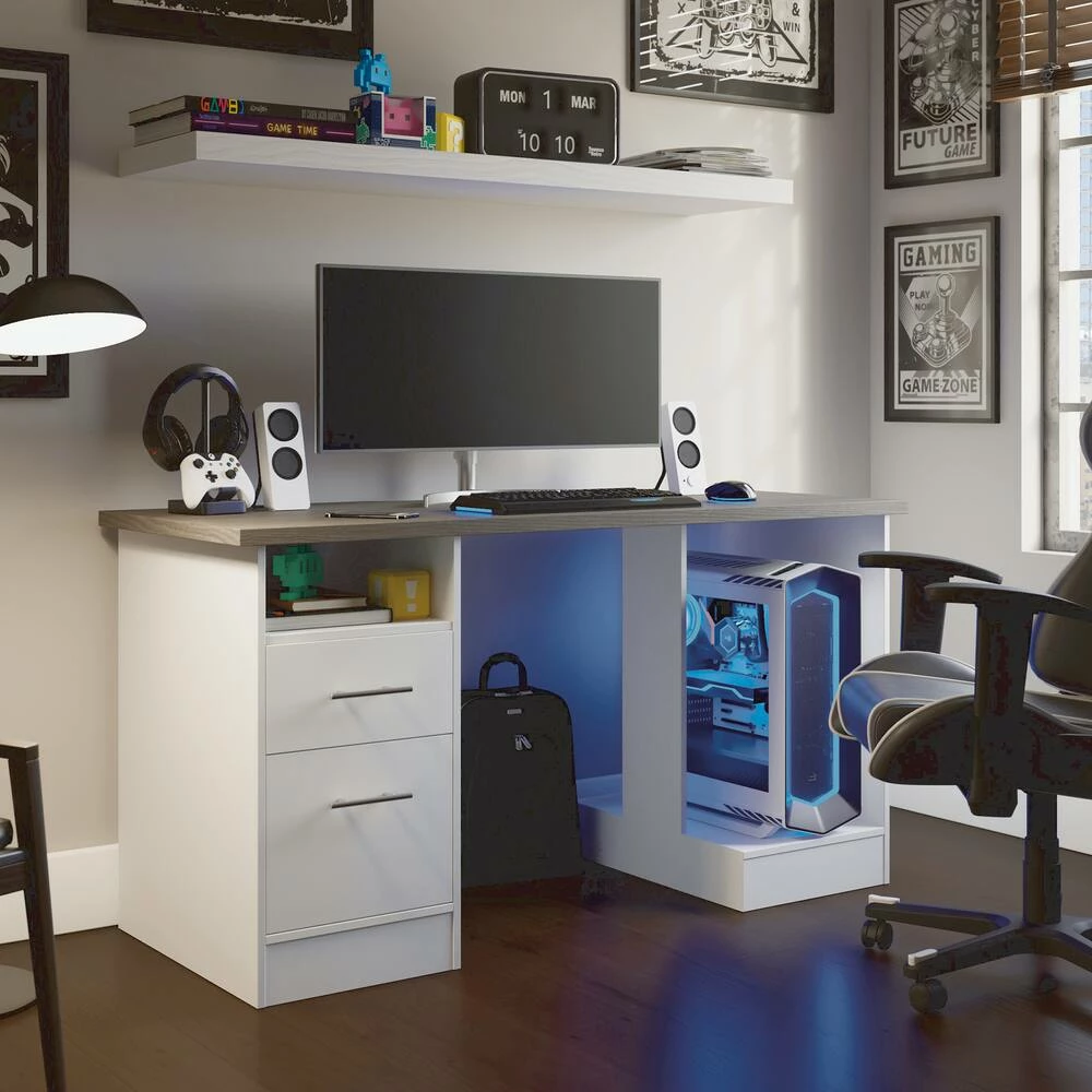 Sauder Gaming Desk With Drawer Pedestal, White, 60-in - Image 4