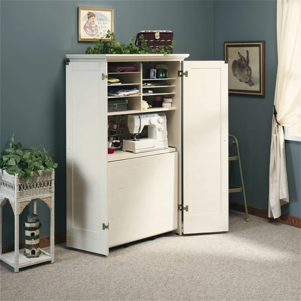 Sauder Harbor View 2-Door Crafting/Sewing Storage Cabinet With Fold-Out Table, White - Image 4