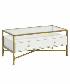 Sauder Harper Heights Tempered Glass Top Coffee Table With Drawers, White