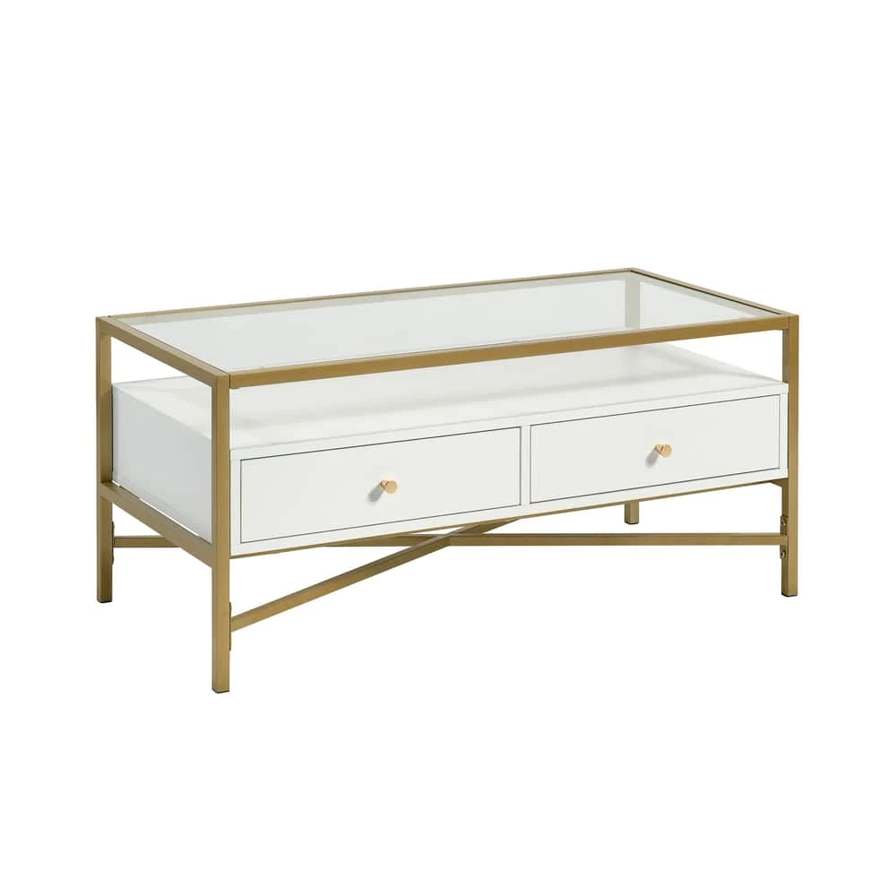 Sauder Harper Heights Tempered Glass Top Coffee Table With Drawers, White