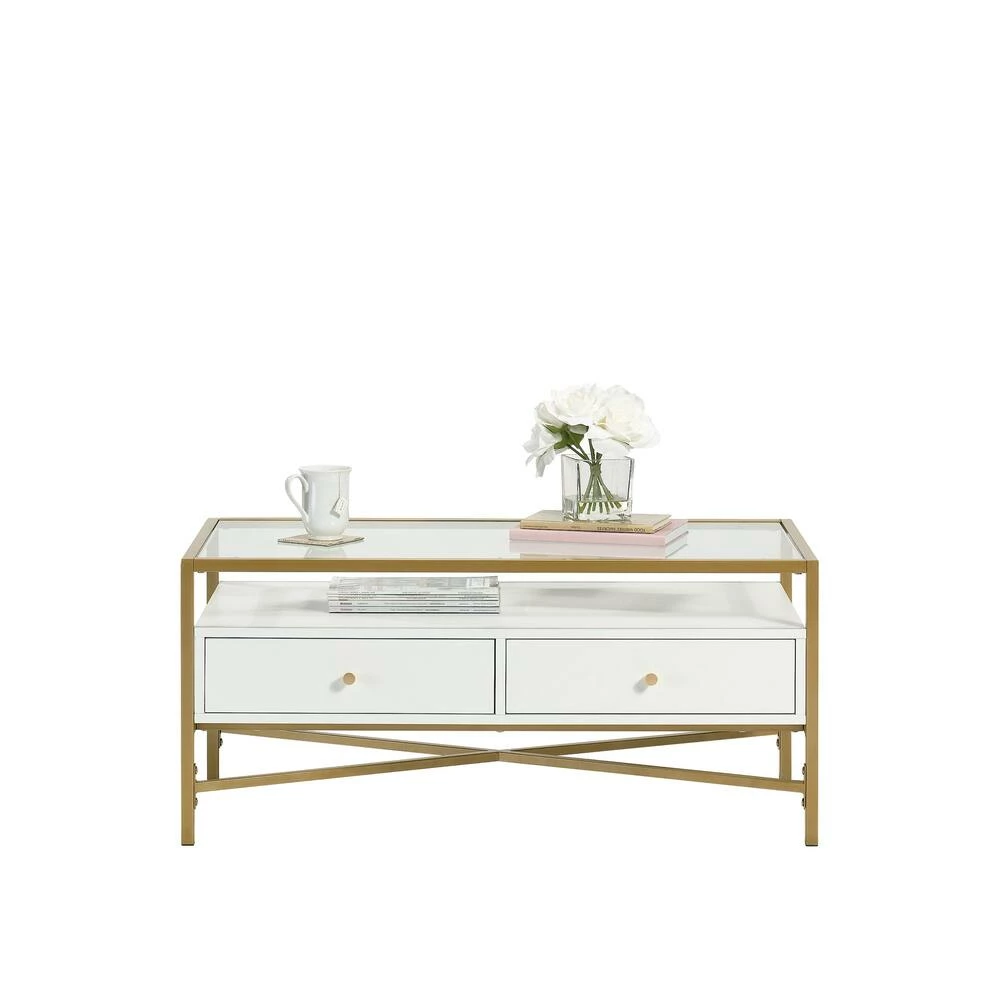 Sauder Harper Heights Tempered Glass Top Coffee Table With Drawers, White - Image 2