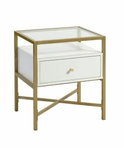 Sauder Harper Heights Tempered Glass Top End Table With Drawer, White