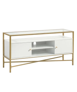 Sauder Harper Heights Tempered Glass Top TV Stand With Storage, White