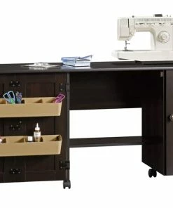Sauder Folding Sewing & Craft Table/Storage Cart W/ Locking Wheels, Cinnamon Cherry Finish